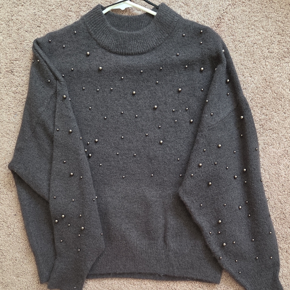 H&M Charcoal Pearl-Studded Turtleneck Sweater